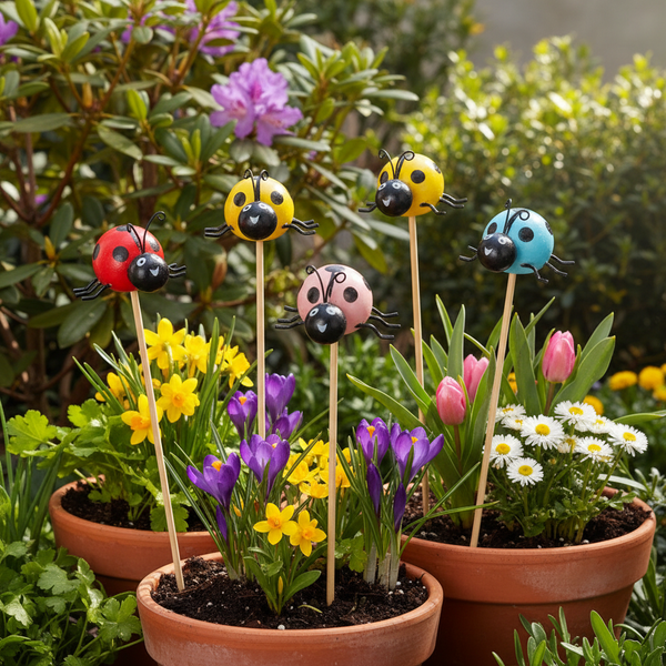 Bunte Gartenstecker Marienkäfer in verschiedenen Farben in Blumentöpfen mit blühenden Frühlingsblumen im Garten.
