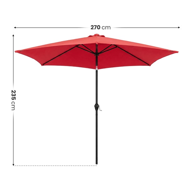 Roter Sonnenschirm mit Kurbel, Durchmesser 270 Zentimeter, Höhe 235 Zentimeter, schwarzes Gestell.