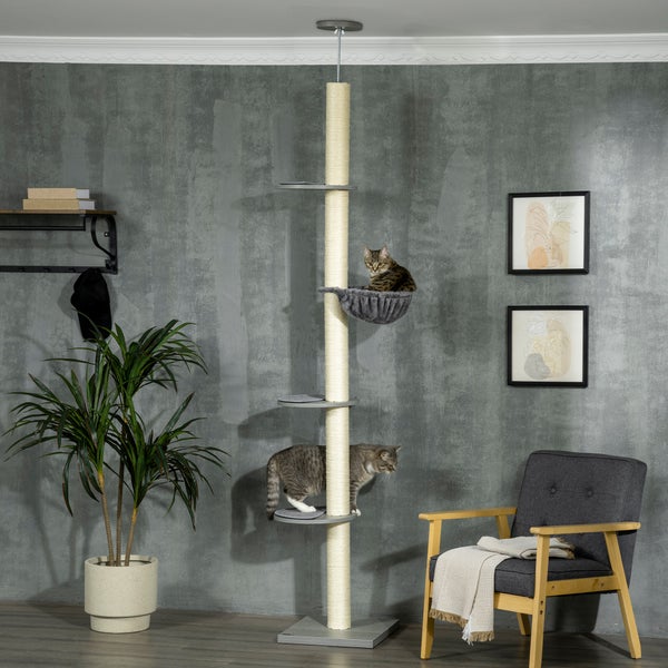 PawHut Kratzbaum, Katzenkratzbaum Deckenhoch, 230-250 cm, Kletterbaum mit Hängematte, Katzenbaum Höhenverstellbar, Spielbaum mit Kippschutz, Plüsch, Grau+Cremeweiß