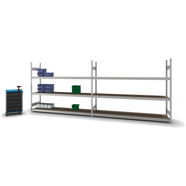 PROREGAL Weitspannregal Stecksystem T-Profil Grundregal HxBxT 200x250x60 cm 3 Ebenen Spanplatten Fachboden Fachlast 350 kg Verzinkt