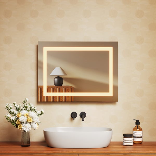 EMKE Badspiegel mit Beleuchtung 60x45 cm, Kaltweiß/Warmweiß, LED-Spiegel mit Kippschalter, Anti-Beschlag, IP44, flexibel montierbar, für Badezimmer