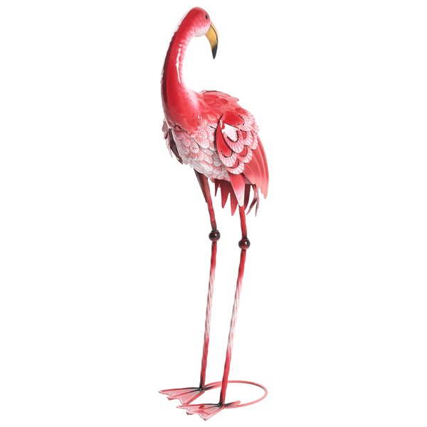 Gartenfigur Flamingo aus Metall, rosa und rot, mit detailreichen Federn und langen Beinen.