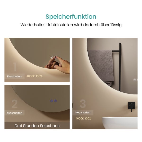 EMKE Badspiegel mit Beleuchtung ф70 cm, 3 dimmbare Lichtfarben, Touchschalter, rostfreies Spiegelglas, schwarzer Eisenrahmen mit Kunstlederband, für Badezimmer