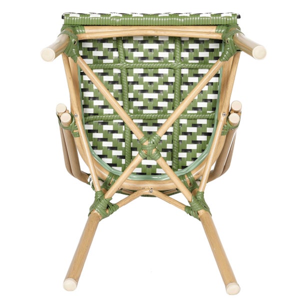 Bistrostuhl Detailansicht der Unterseite mit Gestell in Holzoptik und grün-weißem Kunststoffgeflecht.