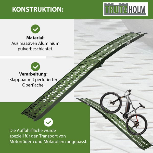TrutzHolm Logo. Auffahrrampe aus pulverbeschichtetem Aluminium mit perforierter Oberfläche und Motorrad auf der Rampe.