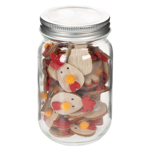 Glas mit Osterdekoration aus Holz und Filz in Hühnerform mit Metalldeckel.