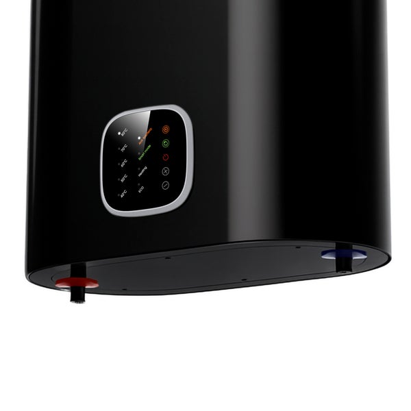 Elektrischer Warmwasserspeicher in Schwarz mit digitalem Display, 40 bis 80 Grad Anzeige, Smart- und Eco-Modus sowie antibakterieller Funktion.