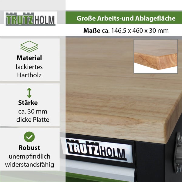 Trutzholm Logo, lackiertes Hartholz, circa 146,5 mal 460 mal 30 Millimeter, circa 30 Millimeter dicke Platte, robust und widerstandsfähig.