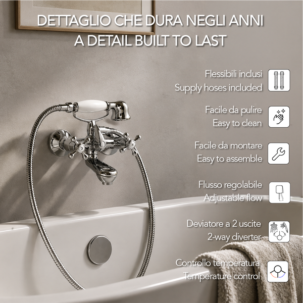 Klassische Wannenarmatur mit Handbrause im Retro-Design über einer Badewanne, inklusive Funktionssymbolen und Produktvorteilen.