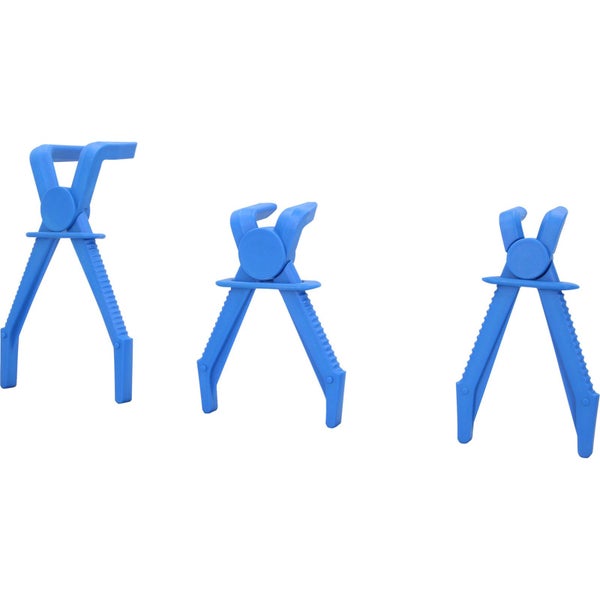 Drei blaue Schlauchklemmen in verschiedenen Größen