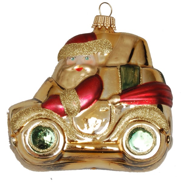 Rot / Gold 9cm Weihnachtsmann in seinem Auto, Glassornament, mundgeblasen, handdekoriert (1), 1 Stck.