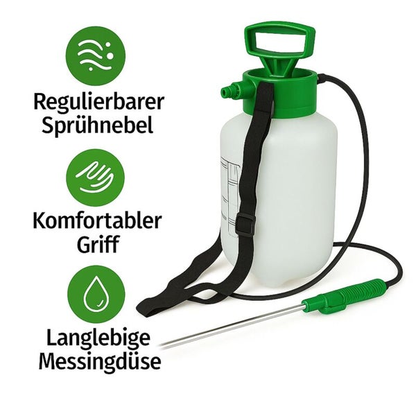 Drucksprühgerät mit Schultergurt, komfortablem Griff, regulierbarem Sprühnebel und langlebiger Messingdüse.