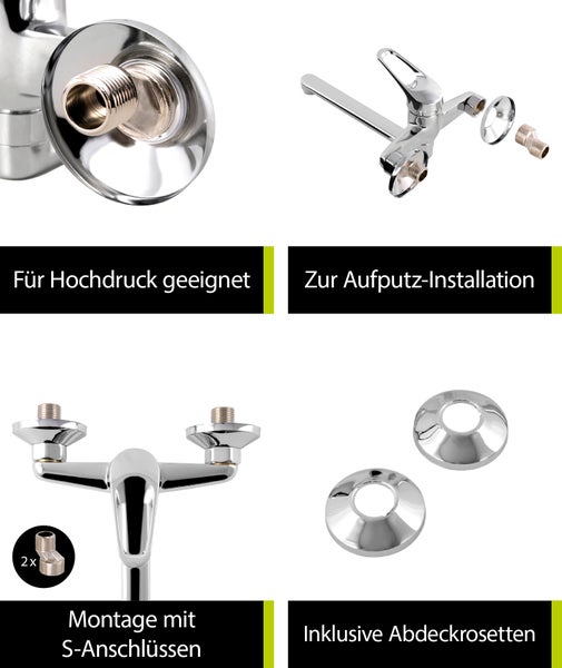 aquaSu® Küchenarmatur Alaska, Wasserhahn Küche, Spültischarmatur zur Aufputz-Wandmontage, langer Auslauf schwenkbar, Einhebelmischer für Spüle mit Messingkern und Wasserspar-Mischdüse, chrom, 796095