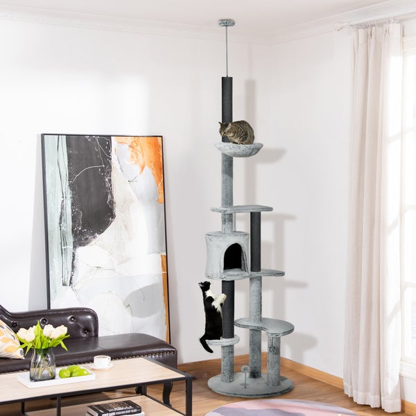 PawHut Kratzbaum Deckenhoch, Katzenbaum, 225-255 cm Katzenkratzbaum mit Katzenhöhle, Kratzstämmen, Korb, Spielball, Katzenmöbel mit Kippschutz, Grau