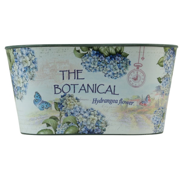 Ovaler Pflanztopf aus Metall mit Hortensien-Motiv, Schmetterlingen und Schriftzug The Botanical Hydrangea flower.