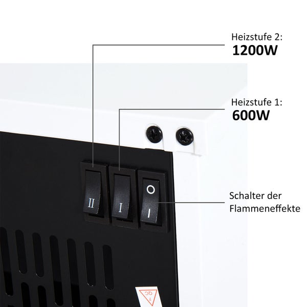 HOMCOM Elektrokamin, 600/1200W, Flammeneffekt, Hartglas, L34 x B17 x H25cm, Kunststoff, Weiß