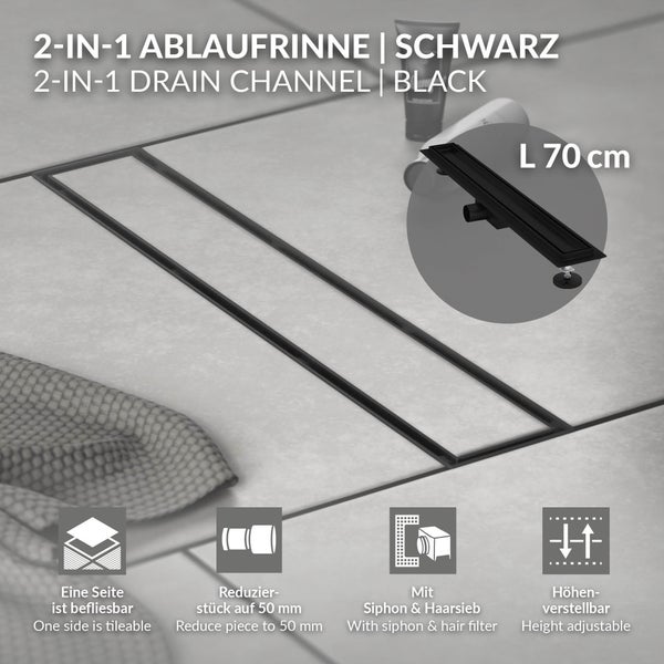 Schwarze 2-in-1 Duschrinne, 70 Zentimeter lang, eine Seite befliesbar, mit Reduzierstück 50 Millimeter, Siphon, Haarsieb und höhenverstellbar.