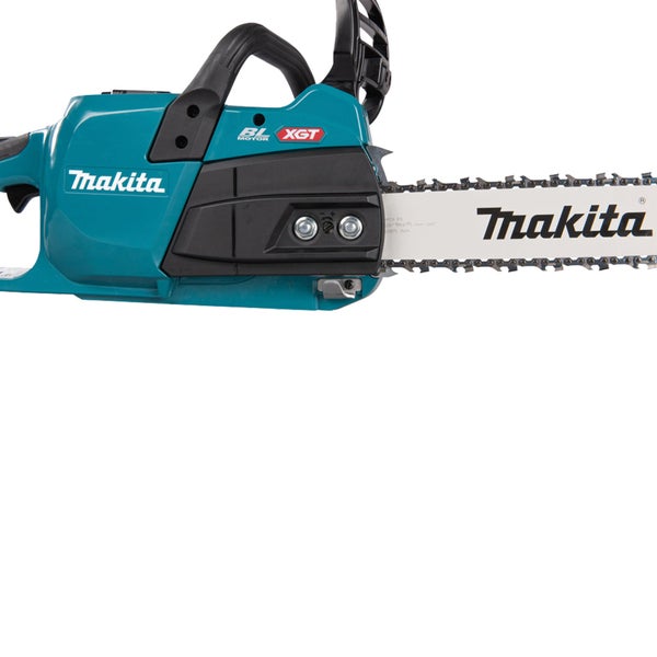 Makita Akku-Kettensäge mit bürstenlosem Motor und XGT-Technologie, Detailansicht von Gehäuse und Sägekette.