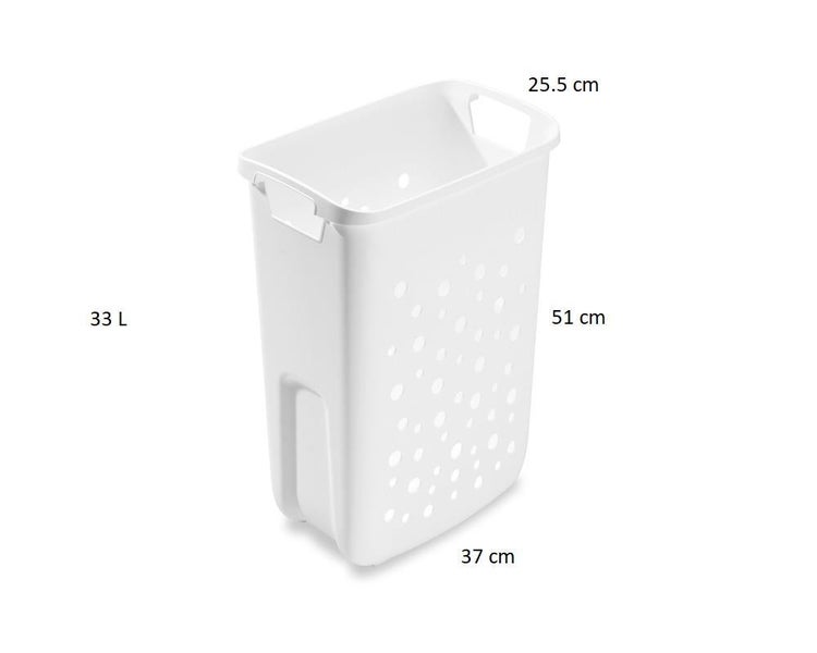 Weißer Wäschekorb aus Kunststoff, 33 Liter Fassungsvermögen, Maße 37 x 25,5 x 51 Zentimeter, mit Griffen und Lochmuster.