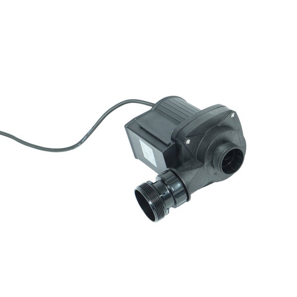 Schwarze Teichpumpe aus Kunststoff mit Stromkabel und zwei Gewindeanschlüssen.