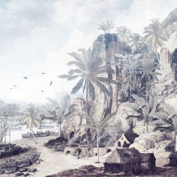 Wandbild mit Küstenlandschaft, Felsen und Palmen