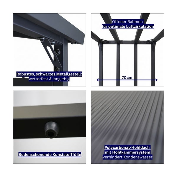 Detailansicht eines Pavillons mit robustem, schwarzem Metallgestell, offenen Rahmen für optimale Luftzirkulation, bodenschonenden Kunststofffüßen und Polycarbonat-Hohldach zur Kondenswasservermeidung