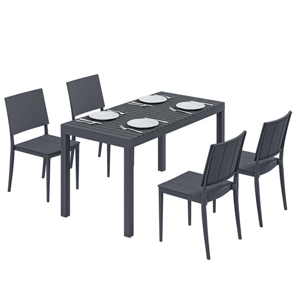 Garten-Essgruppe bestehend aus einem rechteckigen Tisch in Lattenoptik und vier passenden Stühlen.