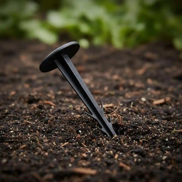 Ein einzelner schwarzer Erdnagel aus Kunststoff zur Befestigung von Unkrautvlies im Gartenboden.