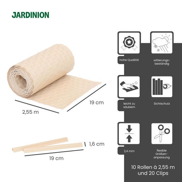 Jardinion Sichtschutzstreifen Set, 10 Rollen von 2,55 Meter mal 19 Zentimeter, 20 Clips, geflochtene Optik, 2,4 Millimeter stark, wetterfest.
