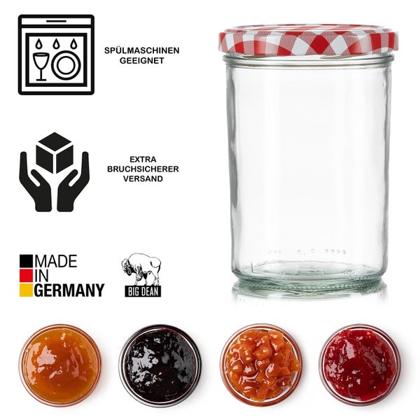 Einmachglas mit rot-weiß kariertem Deckel sowie Symbole für spülmaschinengeeignet, bruchsicherer Versand, Made in Germany und Big Dean Logo. Marmelade in verschiedenen Sorten sind unten abgebildet.