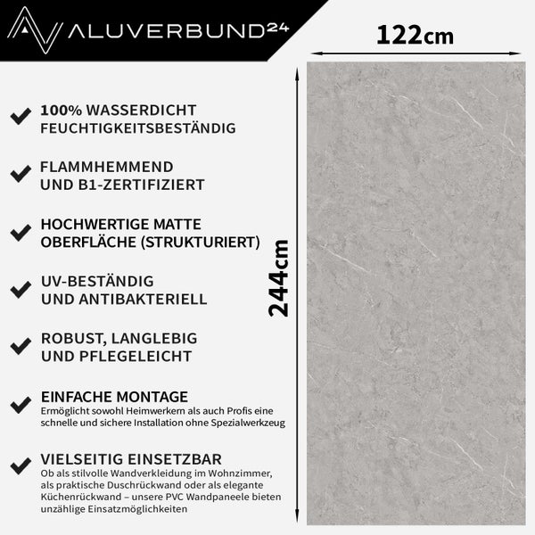 Aluverbund24 Logo, PVC Wandpaneel mit den Maßen 122cm x 244cm und Eigenschaften wie wasserdicht, feuchtigkeitsbeständig, schwer entflammbar und UV-beständig.