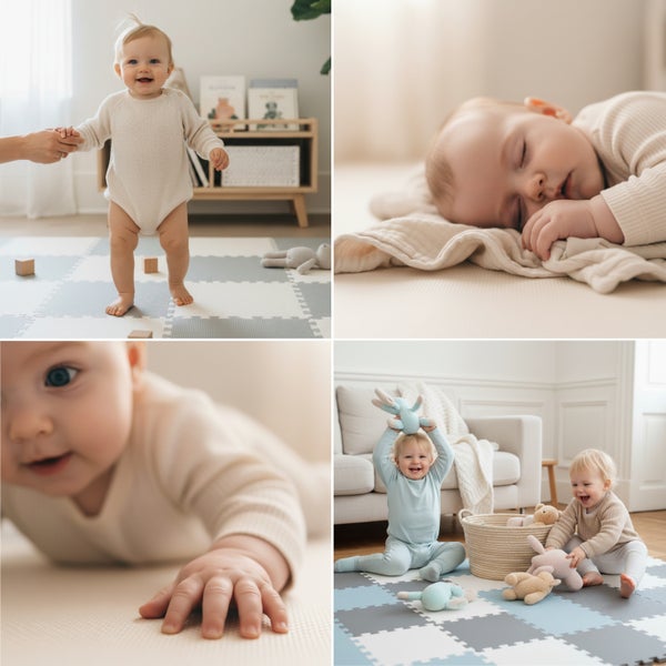 Collage mit Baby auf einer gepolsterten Spielmatte beim Stehen, Schlafen, Krabbeln und Spielen in einem hellen, wohnlichen Kinderzimmer.