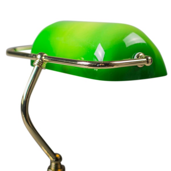 Tischleuchte mit grünem Glasschirm und goldenem Gestell