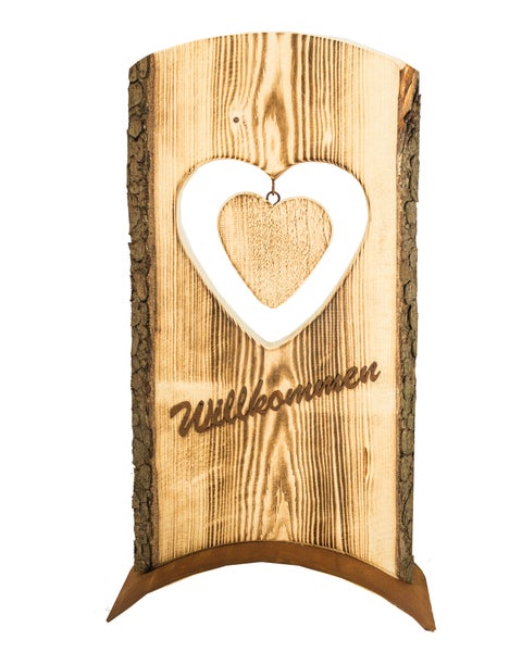 Dekoratives Holzschild mit Herz und Willkommen Schriftzug