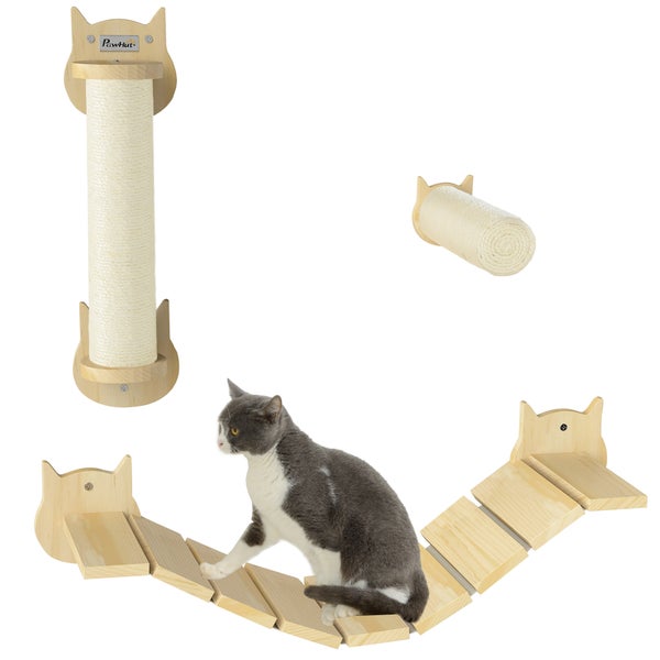 PawHut Kletterwand Katzen, 3-teilig Katzen Kletterwand Set Stabiler Katzenmöbel mit Kratzbaum, Trittplatte, Leiter, Wandkratzbaum für Katzen bis 5 kg, Naturholz