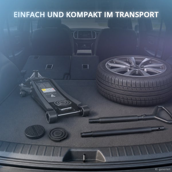 Rangierwagenheber mit abnehmbarem Pumphebel und Zubehör im Kofferraum eines Autos neben einem Ersatzrad platziert.