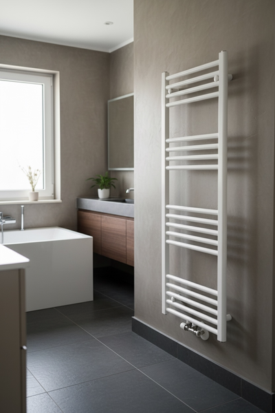 Modernes Badezimmer mit weißem Handtuchwärmer, Badewanne und Waschtisch