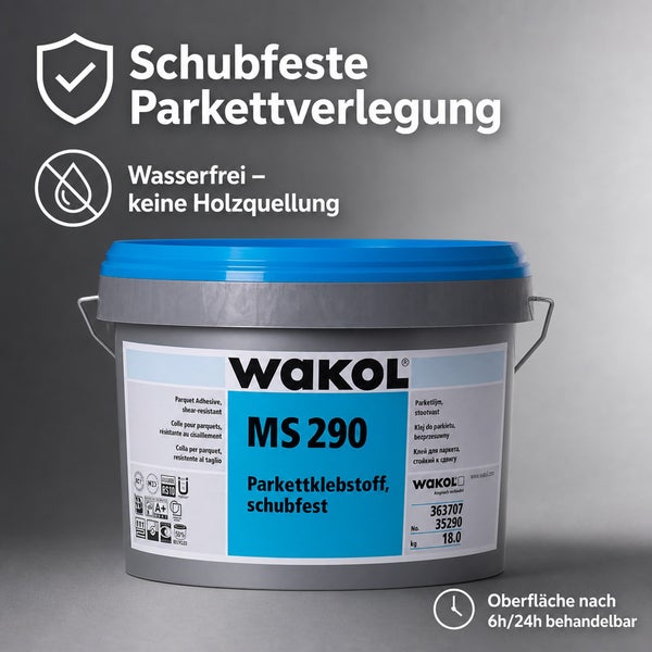 WAKOL MS 290 Parkettklebstoff 18 Kilogramm Eimer für schubfeste Parkettverlegung wasserfrei ohne Holzquellung