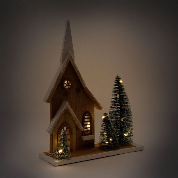 ECD Germany Holz-Weihnachtshaus mit LED-Beleuchtung, Warmweiß, 28x9x34 cm, batteriebetrieben, Timer, Deko Holzhaus 3 Tannen, Dekorative Winterhaus beschneit, Weihnachtsdeko Innen, Weihnachtsdekoration