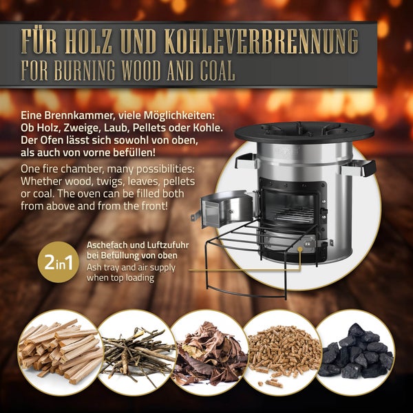 BBQ#BOSS Raketenofen mit Grillpfanne, Tragetasche, Edelstahl, Silber, + 3-tlg. Gusseisen Pfannenset, Campingkocher Holz Brennholzständer&Doppeltür, Camping BBQ Holzofen Outdoor, Dutch Oven Raketenherd