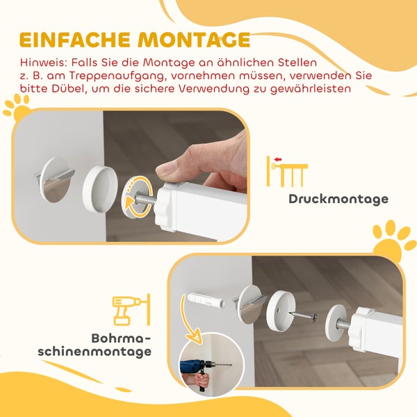 Montageanleitung für Schutzgitter mit zwei Optionen: Druckmontage zum Klemmen oder Bohrmaschinenmontage mit Dübeln und Schrauben an der Wand.