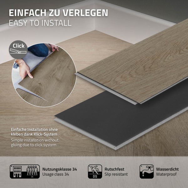 ML-Design Deluxe PVC Bodenbelag, Click Vinyl-Dielen Vinylboden, 61cmx12,8cmx4,2mm, Dicke 4,2mm, 3,12m²/40 Dielen, Fischgrät Eiche dunkel, Braun, Holzoptik, rutschfest, wasserfest, Belastungsklasse 34