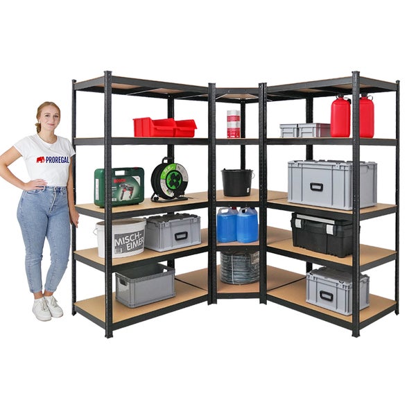 PROREGAL Mega Deal 1 x Eckregal & 2x Schwerlastregal Taurus HxBxT 180 x 180 x 60 cm Fachlast 175 kg Schwarz Kellerregal Steckregal Garagenregal