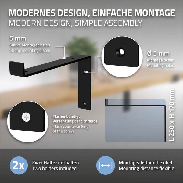 ML-Design 8 Stück Regalhalterung, 25x4x14,5 cm, Schwarz, Metall, 10 Zoll Regalhalterungen, Industrielle Regalwinkel, Regalträger für Wandmontage, 90 Grad Wandhalterung, L-Form Wandregal, mit Schrauben
