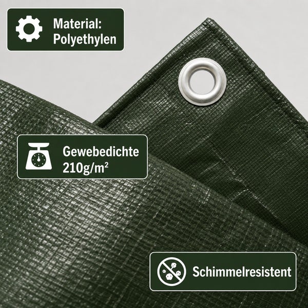 Polyethylen Abdeckplane mit Metallöse, Gewebedichte 210 Gramm pro Quadratmeter, schimmelresistent.