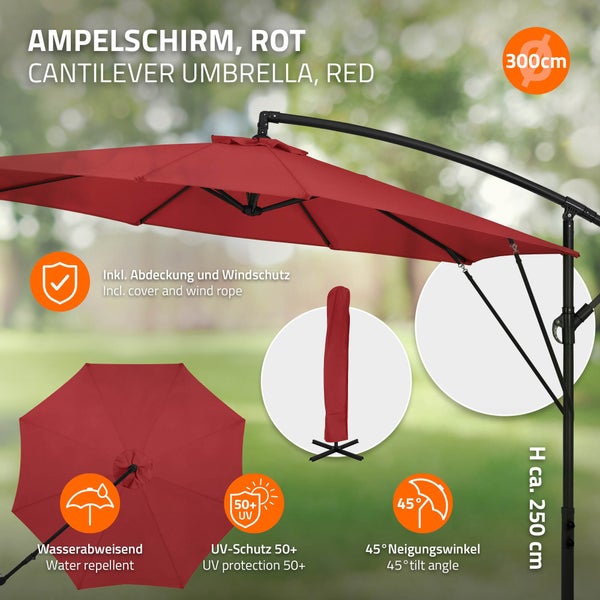 Ampelschirm mit einem Durchmesser von 300 Zentimetern, wasserabweisend, UV-Schutz 50 plus, 45 Grad Neigungswinkel, inklusive Abdeckung und Windschutz.