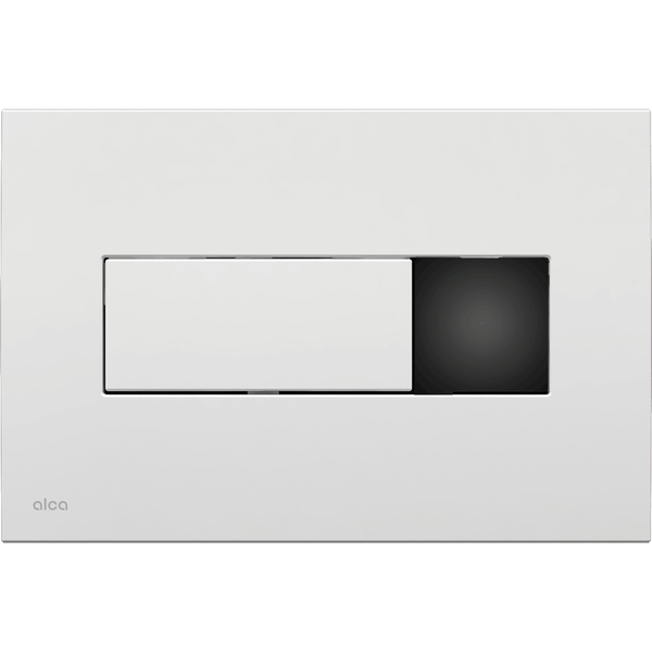 Weiße Alca Betätigungsplatte für WC mit Sensor und schwarzem Detail, rechteckiges Design.