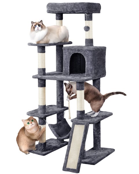 Grauer Kratzbaum mit Liegeflächen, Höhle, Hängematte und drei Katzen