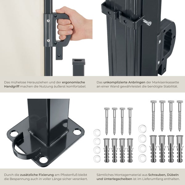 Details einer Seitenmarkise mit ergonomischem Handgriff, Wandhalterung, Pfostenfuß und Montagematerial wie Schrauben, Dübeln und Unterlegscheiben.