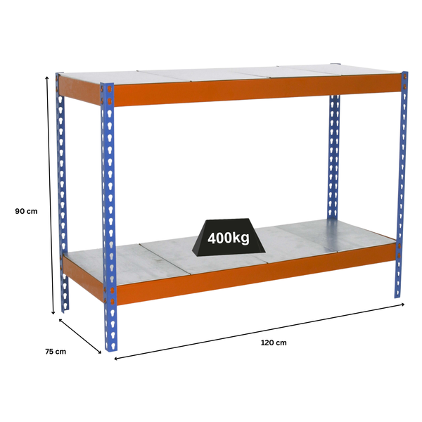 Metallregal mit zwei Ebenen, Traglast 400 Kilogramm, Abmessungen 120 mal 75 mal 90 Zentimeter